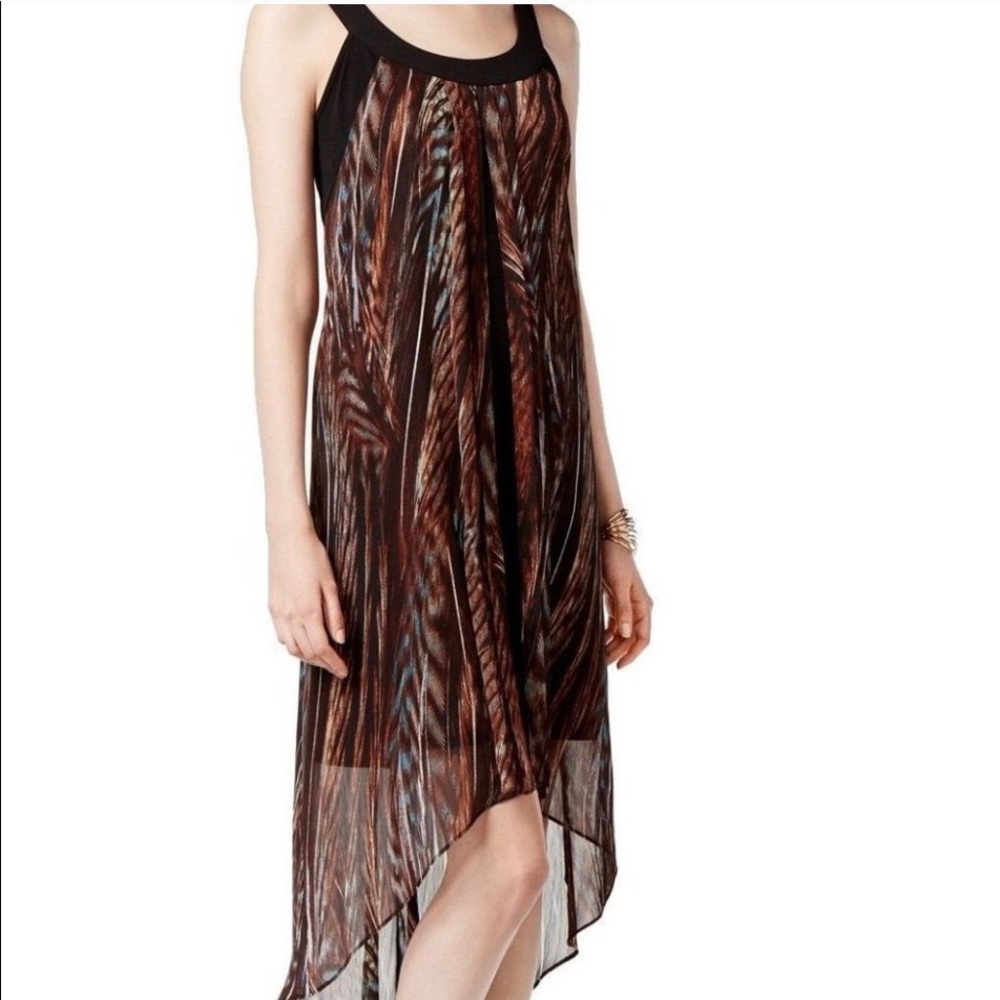 SLNY High Low Chocolate Brown With Print Multi Color Sleeveless Dress